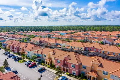 an aerial view of a town with houses at Special Offer Stunning TownHome With Private Pool close to Disney 8960PP in Kissimmee