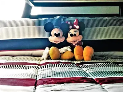 two stuffed animals are sitting on a bed at TVPM5150CHCB in Kissimmee