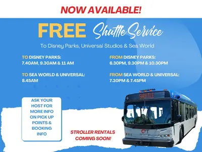 a flyer for a free shuttle shuttle shuttle bus at Disney Potter Condo FREE Shuttle & Parking in Orlando