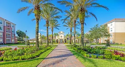 a pathway with palm trees in front of a building at Epic Universe Condo-Vista Cay - 2022 in Orlando