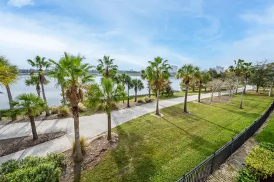 a walkway with palm trees in a park at Epic Universe Premium Lake View Condo, Vista Cay - 1002 in Orlando