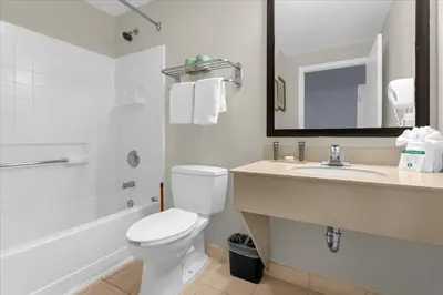 a bathroom with a toilet and a sink and a mirror at Stylish Queen Suite near Disney Sleeps at 4 in Orlando