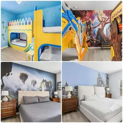 a collage of pictures of a bedroom with a bed and a mural at 4BR Themed Home W Resort Pool Near Disney in Kissimmee