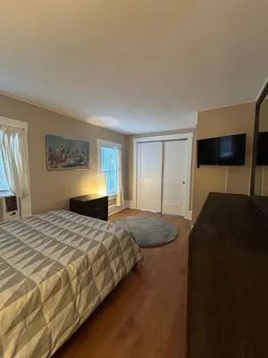 a bedroom with a bed and a flat screen tv at Cute and Cozy Apt Near Historic Downtown Sanford in Sanford