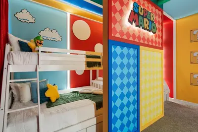 a childs room with a bunk bed and clouds at Family 5BR Retreat w Pool Near Disney in Kissimmee