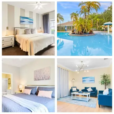 a collage of photos of a hotel room and a pool at Cozy 4BR Disney vacation Home7-104 in Kissimmee