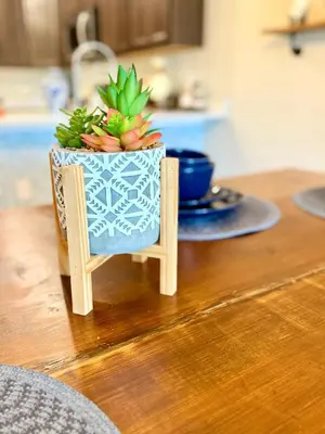 a wooden chair with a potted plant on top of a table at Boho retreat close to Disney! in Kissimmee