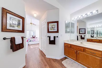 a bathroom with a sink and a large mirror at Great Location With Conservation Views in Orlando