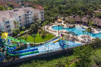 an aerial view of a water park at a resort at Windsor Castle in Orlando