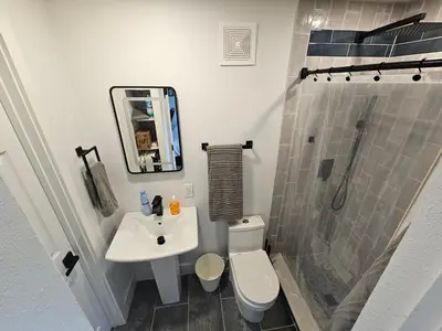 a bathroom with a sink and a toilet and a shower at Sanford Suite King Bed Work-Ready Near Beach MCO in Sanford