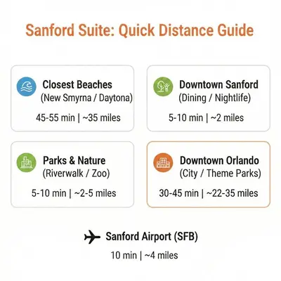 a screenshot of a cell phone with the words sandord suite quick distance guide at Sanford Suite King Bed Work-Ready Near Beach MCO in Sanford