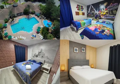 a collage of three pictures of a bedroom with a pool at 4BRRenovateNO Resort feePrivate PoolDisney in Kissimmee