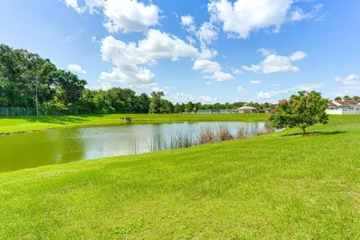 a lake with a tree in the middle of a field at 6 Mi to Disney World Lake-View Retreat with Pool! in Kissimmee