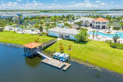 an aerial view of a resort on the water at 4824 Resort Pool House Disney Universal Orlando in Kissimmee