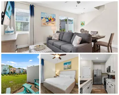 a collage of three pictures of a living room at Flamingo Paradise in Orlando