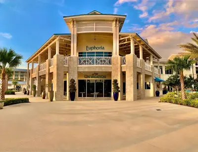 a large building with palm trees in front of it at The Sea Shelter - Sunny 4 BDR in Margaritaville in Orlando