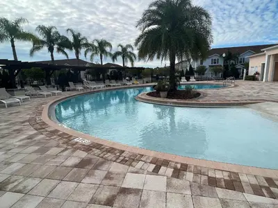 a swimming pool with a palm tree in a resort at Moana's Hut - Miles from World's Best Theme Parks in Kissimmee
