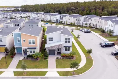 an aerial view of a row of houses at Storeybook Escape - Sleeps 11 in Kissimmee