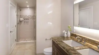 a bathroom with a sink and a toilet and a shower at Marriott's Lakeshore Reserve 1BR Apartment with Resort Access in Orlando