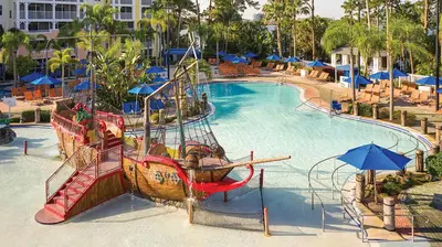 a water park with a pirate ship in the water at Marriott's Harbour Lake Studio Apartment with Resort Access in Orlando