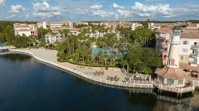 an aerial view of a resort near the water at Marriott's Grande Vista Studio Apartment with Resort Access in Orlando