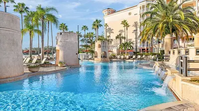 a swimming pool at a resort with palm trees at Marriott's Grande Vista 2BR Apartment with Resort Access in Orlando