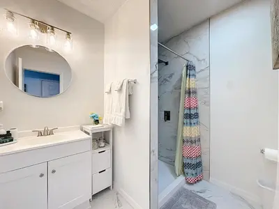 a bathroom with a shower and a sink at Comfy Studio Farm Stay in Orlando