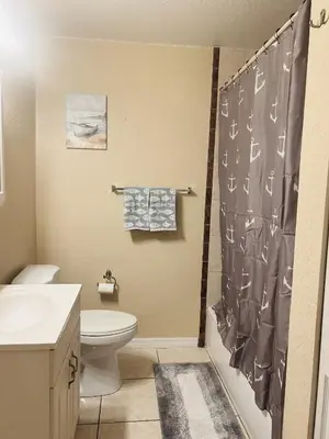 a bathroom with a toilet and a shower curtain at Spacious Lake Retreat for Families in Saint Cloud