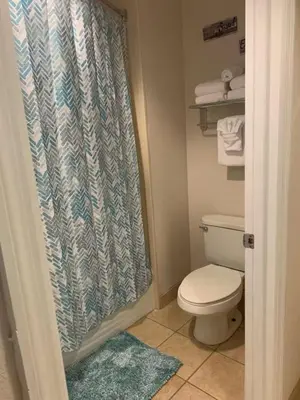 a bathroom with a toilet and a shower curtain at Aqua Condo-Free Shuttle-Disney-Universal EPIC in Orlando