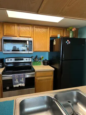 a kitchen with a black refrigerator and a sink at Bright Condo near Disney and Universal in Kissimmee