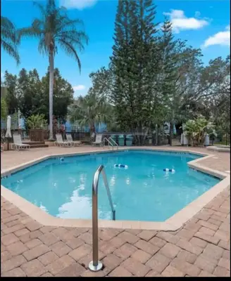 a swimming pool with blue water and palm trees at Bright Condo near Disney and Universal in Kissimmee