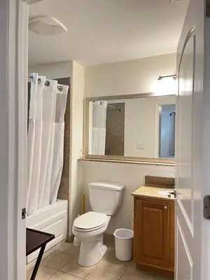 a bathroom with a toilet and a sink and a mirror at Stunning waterfront Views 1 mile to Disney 2 bath in Orlando