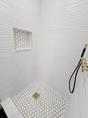 a white bathroom with a shower with a toilet at Comfy Tiny Home WP Large Private Deck Queen bed in Orlando