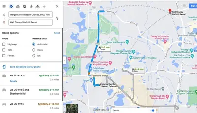 a screenshot of a map with a blue line at Bikinis and Martinis - For 6 in Orlando