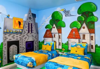 a bedroom with a castle mural and two beds at 12BR Disney Home | Sleeps 30+, GameRoom, POOL/SPA! in Kissimmee