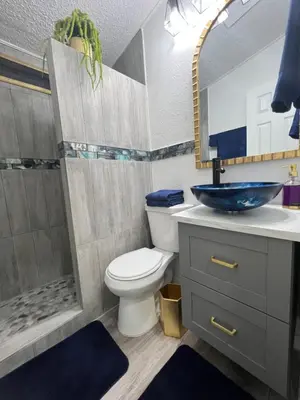 a bathroom with a toilet and a sink and a shower at Luxury Tiny Cottage 5 miles from Disney in Kissimmee