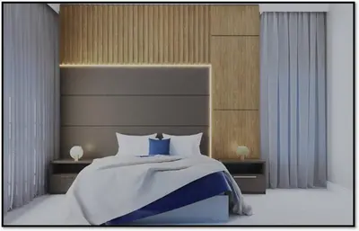 a bedroom with a blue and white bed and curtains at Brand New 15 Bedrooms Single Family Paradiso 37SA in Orlando