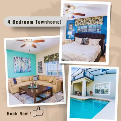 a collage of pictures of a bedroom and a living room at GRH9245 - Storey Lake Resort - 4 Bed 3 Baths Townhome in Kissimmee