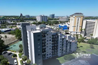 an aerial view of a city with tall buildings at Boho Chic Garden Condo 7 Min to Universal Parks in Orlando