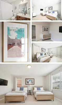 a collage of four pictures of a bedroom with two beds at LUX Waterfront Disney Vacation Home with Private Pool, Spa, Soft Serve Ice Cream Maker, Game Room, Ensuites, & More! Sleeps 24! in Kissimmee