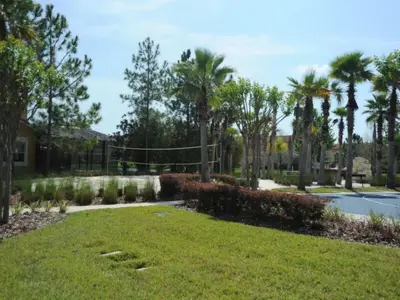 a yard with palm trees and a fence at Sunshine Serenity by Paradise Resort Vacations in Kissimmee