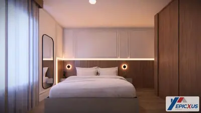 a bedroom with a large white bed and a mirror at The Epic San Diego Paradiso Grande Orlando in Orlando