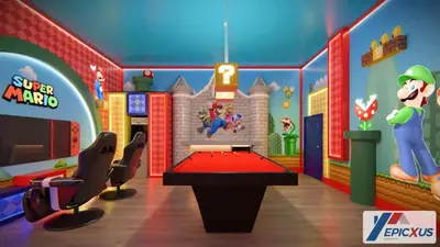 a room with a mario game room with a table at The Epic San Diego Paradiso Grande Orlando in Orlando