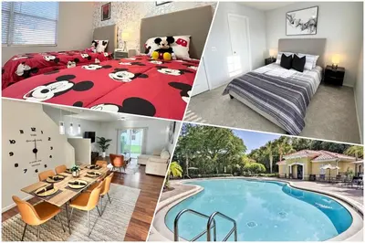 a collage of pictures of a bedroom and a pool at 2BR Villa Near Disney, Gated community with Pool in Kissimmee