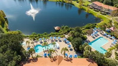 an overhead view of a pool at a resort at Bright 3B w Pool Close to Disney Encantada 8545 in Kissimmee