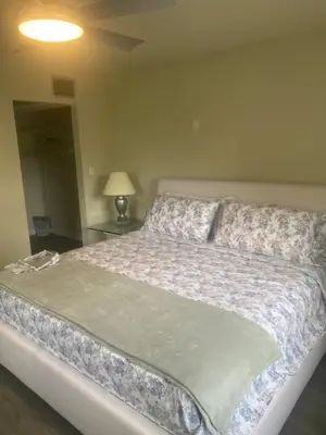 a large bed in a bedroom with a lamp at Entire 5 Bedroom Home in Winter Park FL in Orlando