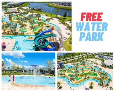 a collage of photos of a water park at 3120-102 Resort Pool View Disney Universal Orlando in Kissimmee
