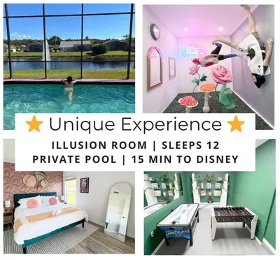 a collage of pictures of a room with a swimming pool at [Popular Illusion Home] •Waterfront Private Pool in Kissimmee