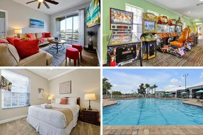 a collage of pictures of a hotel room with a pool at 8105 COCONUT PALM WAY UNIT 205 KISSIMMEE 3BEDS in Kissimmee