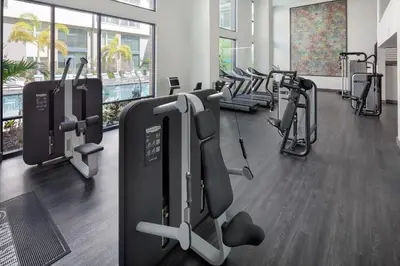 a gym with rows of treadmills and elliptical machines at Landing Stylish 1BD Rooftop Lounge Gym in Orlando